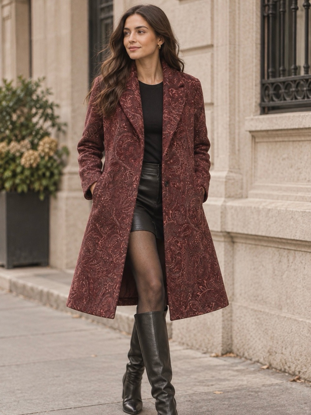 Vintage Two Star Dog Burgundy Paisley Jacquard Long Coat XL